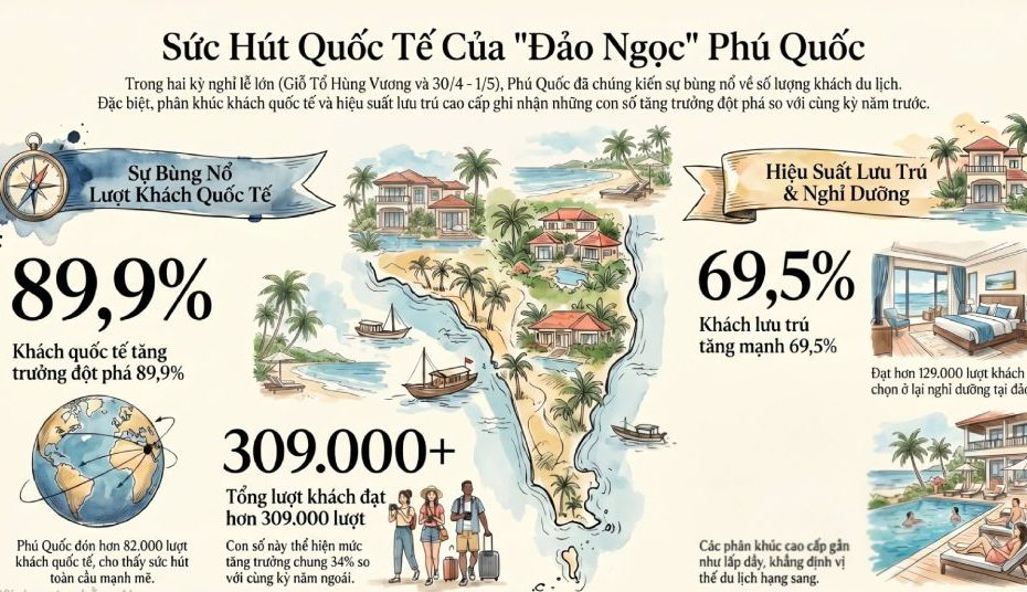 Phú Quốc thu hút du khách trong và ngoài nước, chiếm gần 98% lượng khách quốc tế đến An Giang trong 2 kỳ nghỉ lễ. Đồ họa: Nguyên Anh