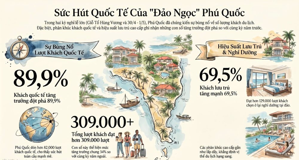Phú Quốc thu hút du khách trong và ngoài nước, chiếm gần 98% lượng khách quốc tế đến An Giang trong 2 kỳ nghỉ lễ. Đồ họa: Nguyên Anh